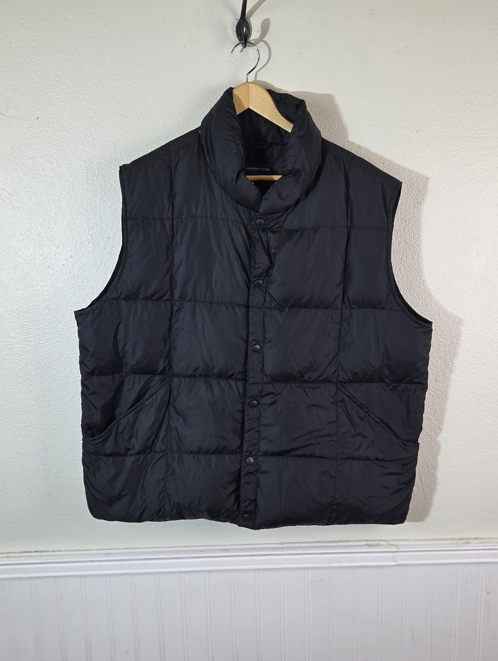 Lands End Mens XL Down Puffer Vest Black Full Snap Winter Lightweight Outdoor